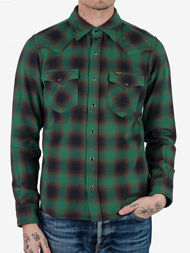 Iron Heart Ultra Heavy Flannel Ombré Check Western Shirt - Green