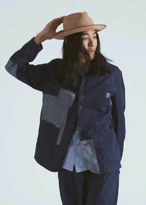 Universal Works Patched Bakers Jacket in Navy Fine Twill/Chambray