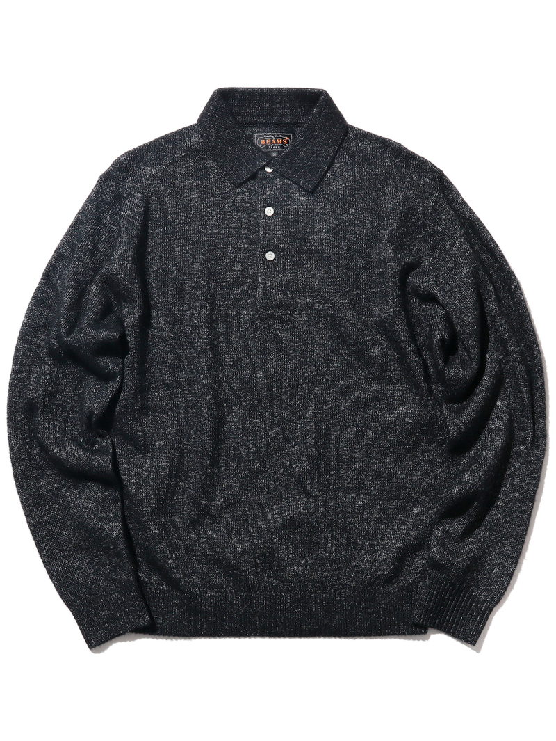Beams Plus Black Knit Polo 9G Wool Silk Shaggy Yarn