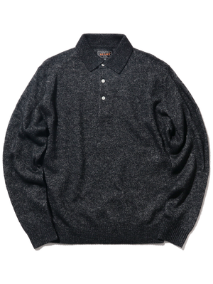 Beams Plus Black Knit Polo 9G Wool Silk Shaggy Yarn