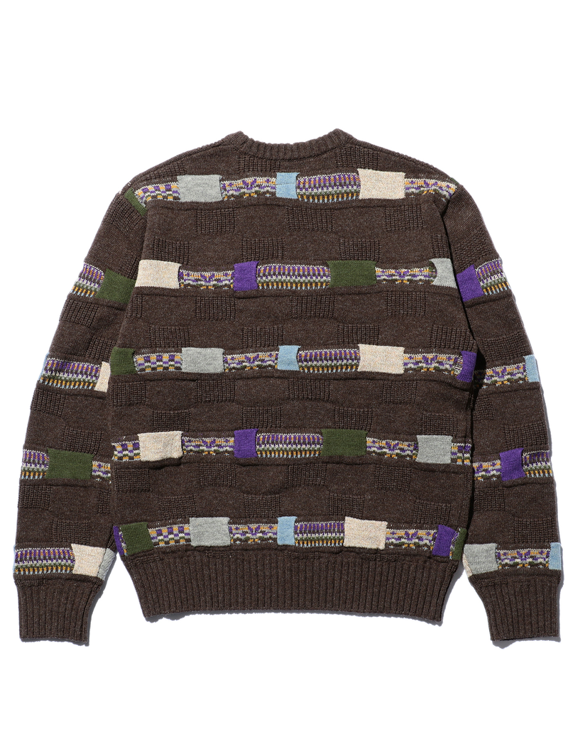 Beams Plus Brown Crew Jacquard Fair Isle Stripe 5G