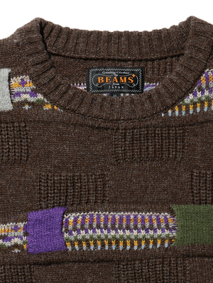 Beams Plus Brown Crew Jacquard Fair Isle Stripe 5G