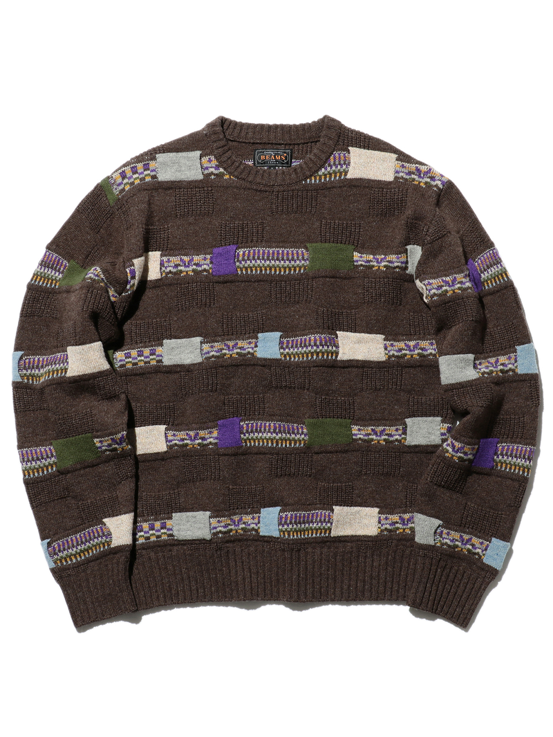 Beams Plus Brown Crew Jacquard Fair Isle Stripe 5G