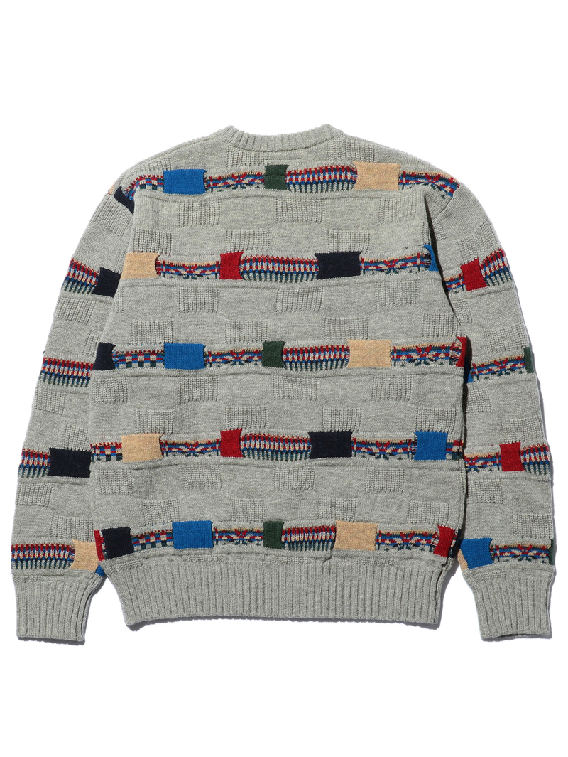 Beams Plus Grey Crew Jacquard Fair Isle Stripe 5G