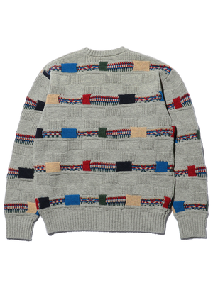 Beams Plus Grey Crew Jacquard Fair Isle Stripe 5G