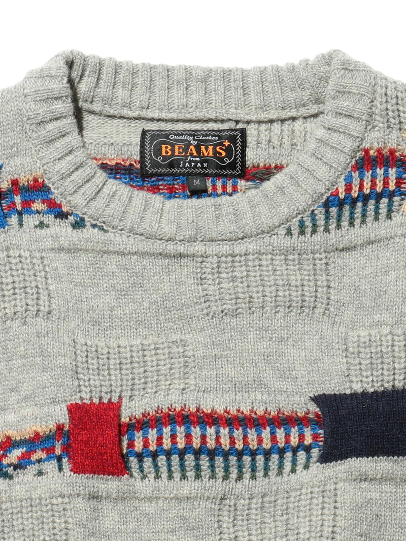 Beams Plus Grey Crew Jacquard Fair Isle Stripe 5G