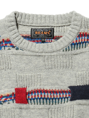 Beams Plus Grey Crew Jacquard Fair Isle Stripe 5G