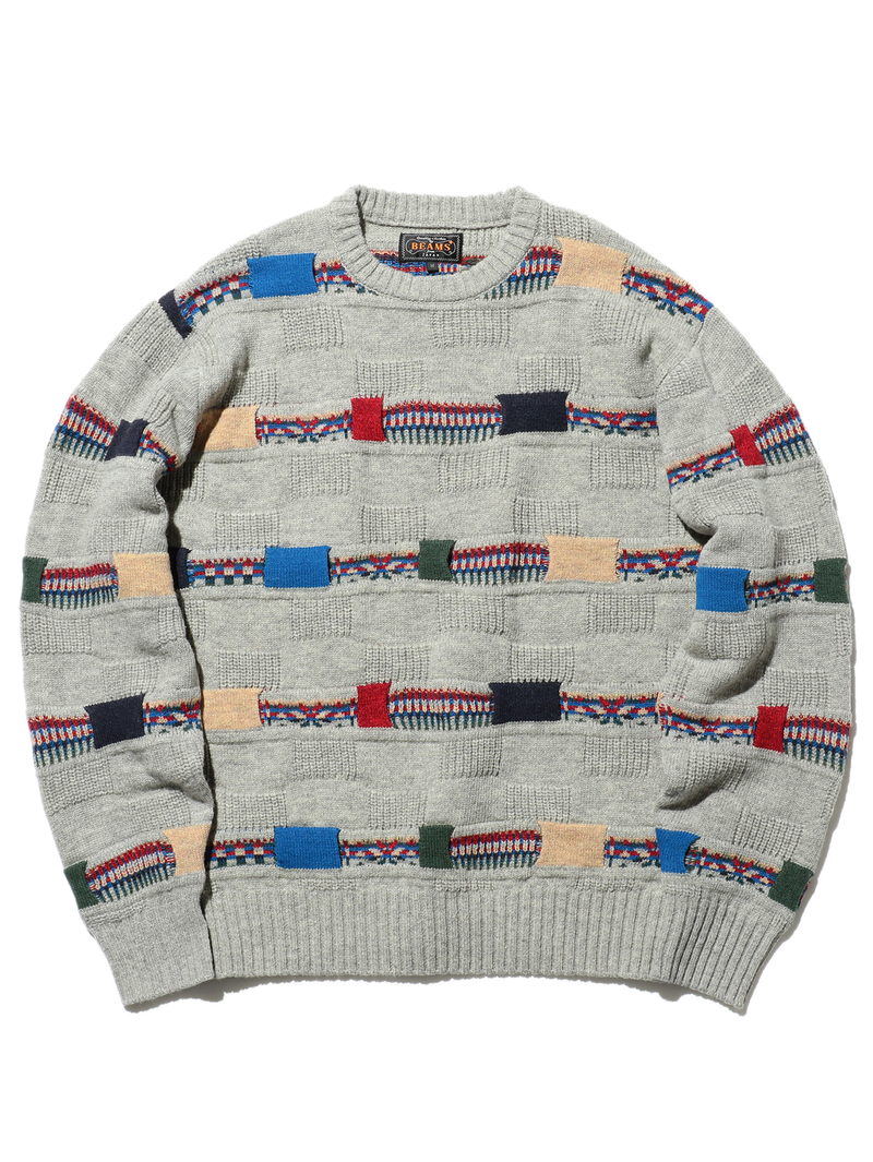 Beams Plus Grey Crew Jacquard Fair Isle Stripe 5G