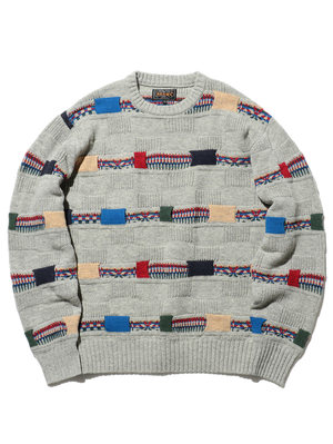 Beams Plus Grey Crew Jacquard Fair Isle Stripe 5G