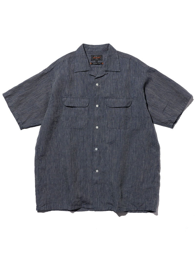 Beams Plus Indigo Open Collar Indigo Linen Stripe