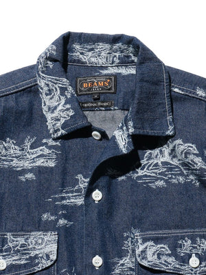 Beams Plus WORK Classic-fit Denim Discharge Jouy Print