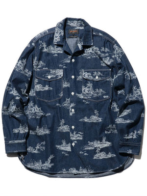 Beams Plus WORK Classic-fit Denim Discharge Jouy Print