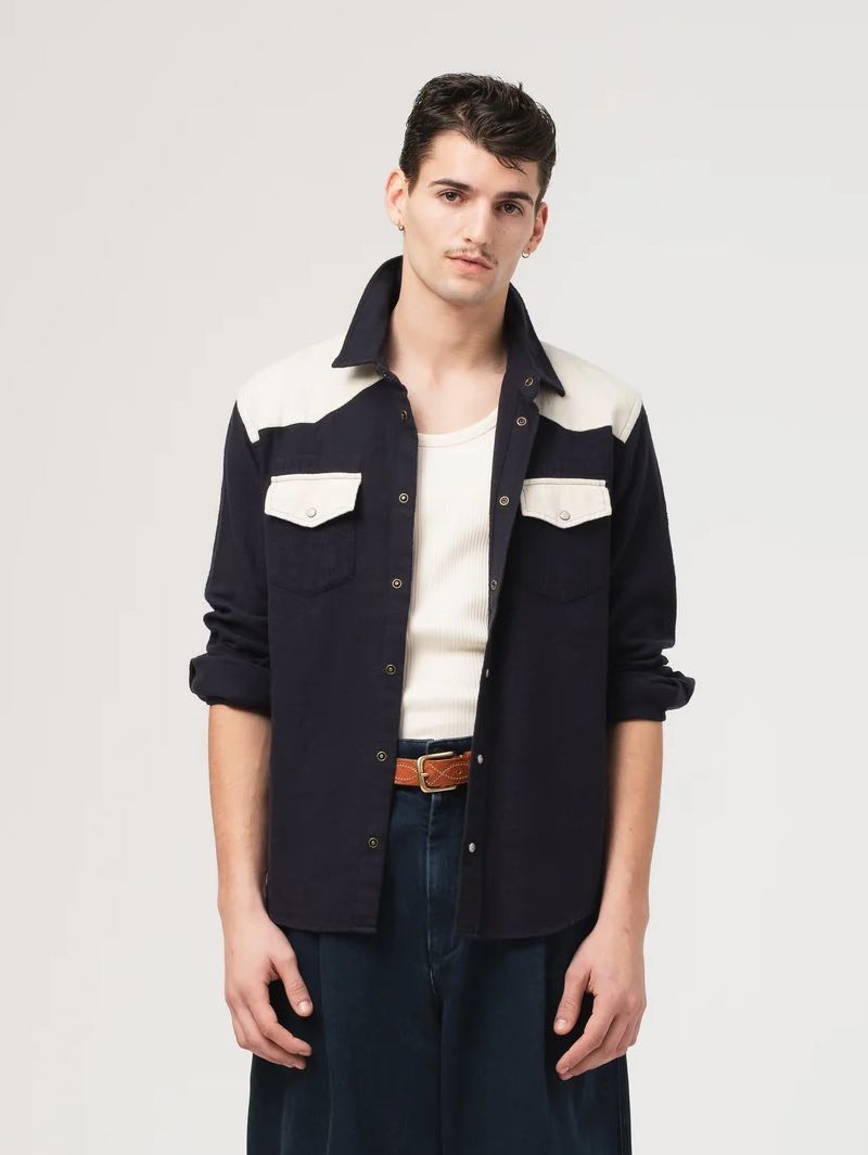 Eat Dust Western Shirt Slub Cotton Navy/Offwhite