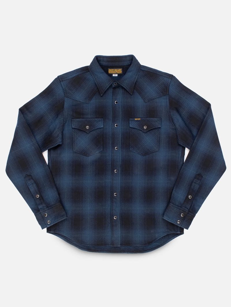 Iron Heart Denim IHSH-264-NAV Navy/Black Ultra Heavy Flannel Ombré Check Western Shirt
