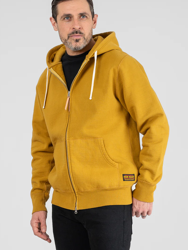 Iron Heart Denim IHSW-81L-MUS-NP 14oz Ultra Heavyweight Loopwheel Cotton Zippered Hoodie - Mustard