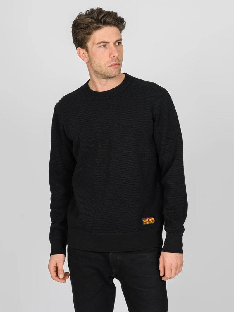 Iron Heart Denim IHSW-86-BLK Heavyweight Thermal Crew Neck Sweater Black