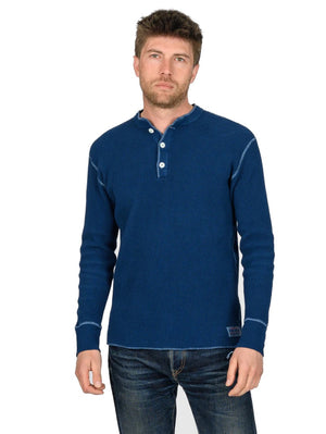 Iron Heart Denim IHTL-1213-IND Waffle Knit Long Sleeved Thermal Henley - Indigo Dyed