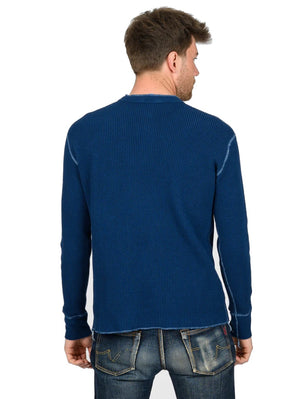 Iron Heart Denim IHTL-1213-IND Waffle Knit Long Sleeved Thermal Henley - Indigo Dyed