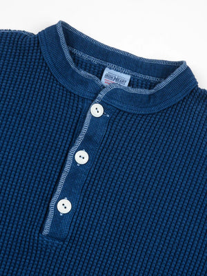 Iron Heart Denim IHTL-1213-IND Waffle Knit Long Sleeved Thermal Henley - Indigo Dyed