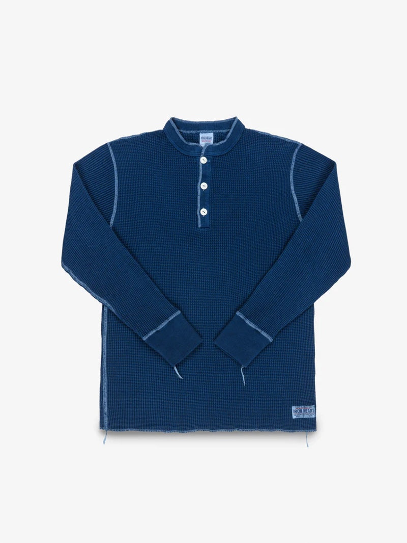 Iron Heart Denim IHTL-1213-IND Waffle Knit Long Sleeved Thermal Henley - Indigo Dyed