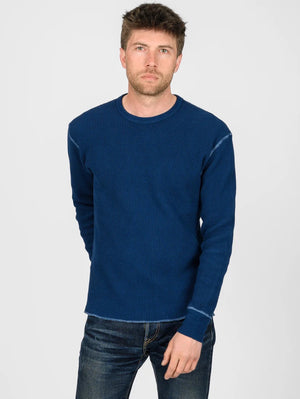 Iron Heart Denim IHTL-1301-IND Waffle Knit Long Sleeved Crew Neck Thermal Top - Indigo Dyed