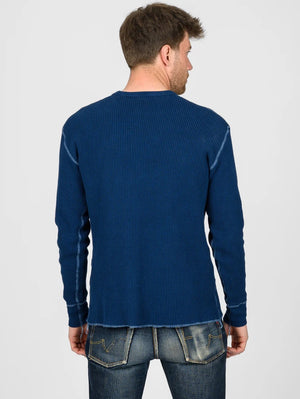 Iron Heart Denim IHTL-1301-IND Waffle Knit Long Sleeved Crew Neck Thermal Top - Indigo Dyed