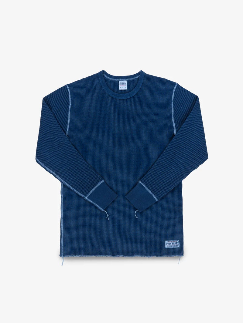 Iron Heart Denim IHTL-1301-IND Waffle Knit Long Sleeved Crew Neck Thermal Top - Indigo Dyed