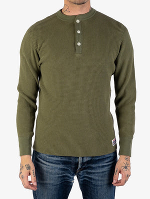 Iron Heart Denim IHTL-1213-OLV Olive Waffle Knit Long Sleeved Thermal Henley