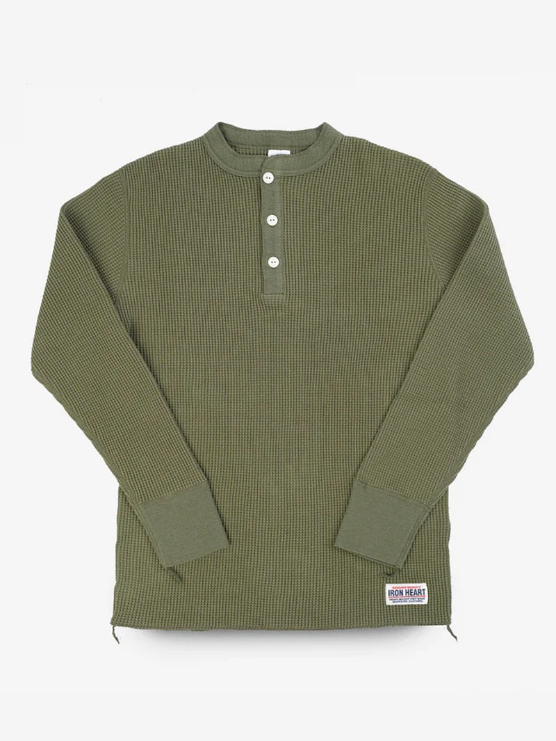 Iron Heart Denim IHTL-1213-OLV Olive Waffle Knit Long Sleeved Thermal Henley