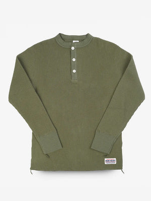 Iron Heart Denim IHTL-1213-OLV Olive Waffle Knit Long Sleeved Thermal Henley