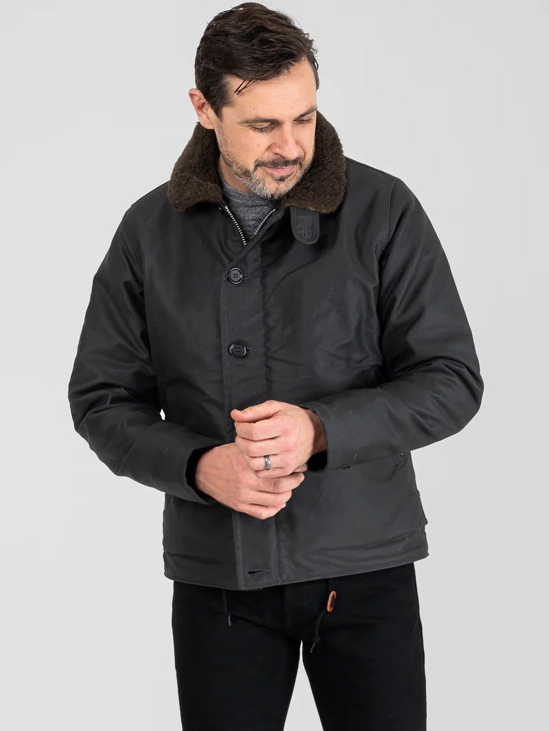 Iron Heart IHM-37-BLK Oiled Black Whipcord N1 Deck Jacket