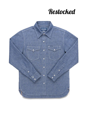 Iron Heart IHSH-13-BLU 10oz Selvedge Chambray Single Yoke Western Shirt - Blue