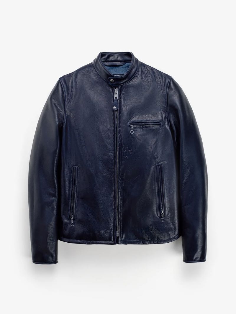 Schott 530 Dark Navy Waxed Natural Pebbled Cowhide Cafe Racer Jacket