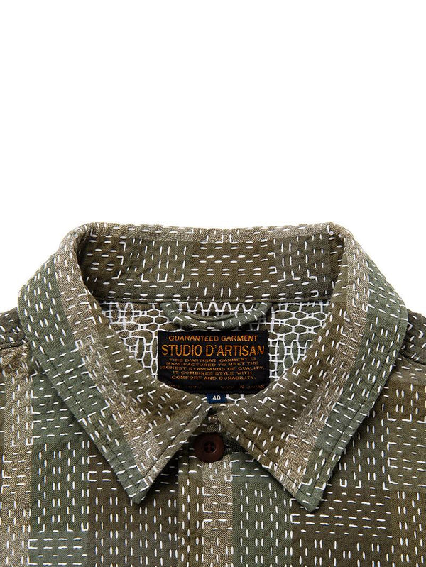 Studio D'Artisan Army Green NORAGI SASHIKO Short-Sleeved Shirt