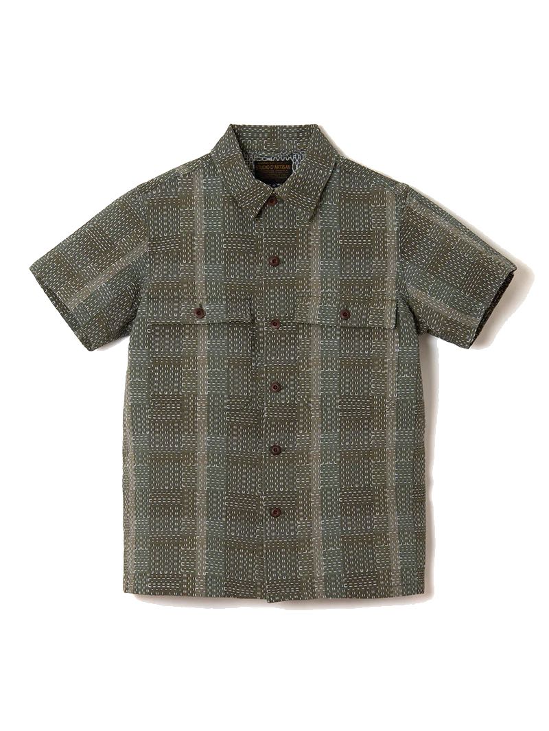 Studio D'Artisan Army Green NORAGI SASHIKO Short-Sleeved Shirt 5657