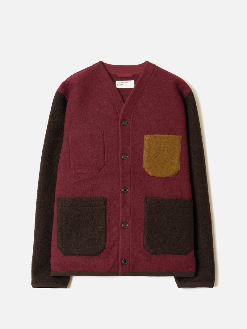 Universal Works Berry/Brown Wool Fleece Cardigan
