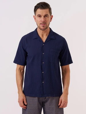 Universal Works Navy Arten Seersucker Road Shirt
