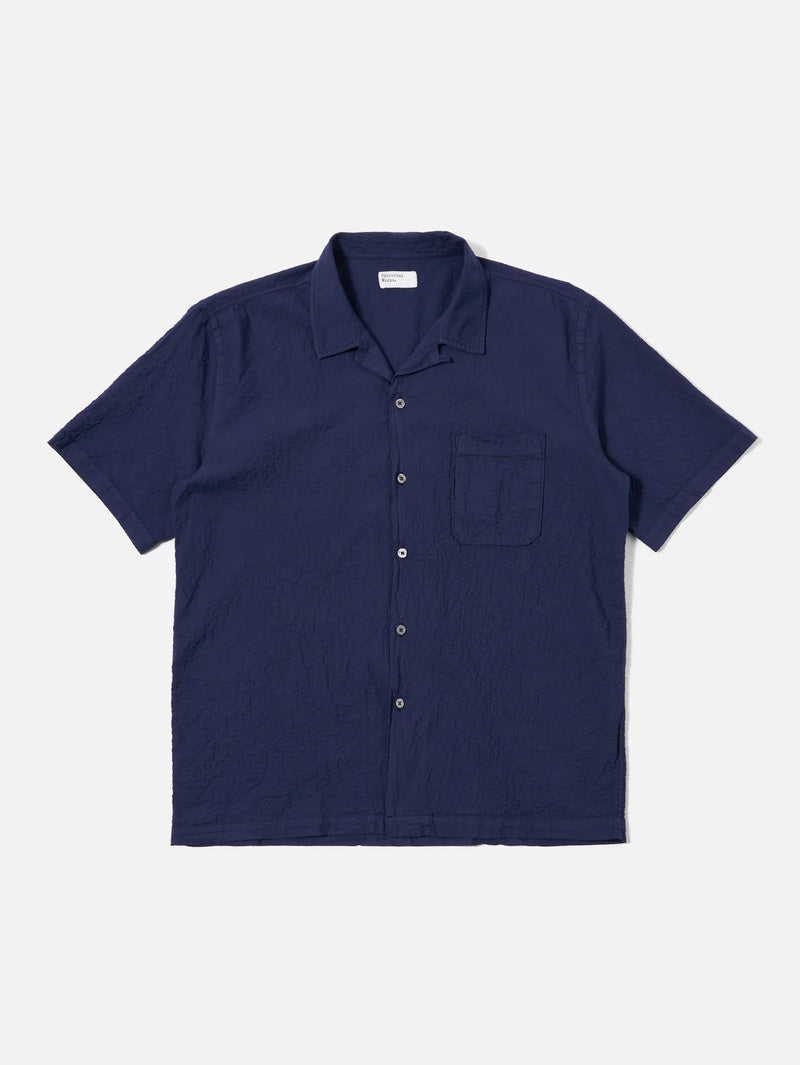 Universal Works Navy Arten Seersucker Road Shirt