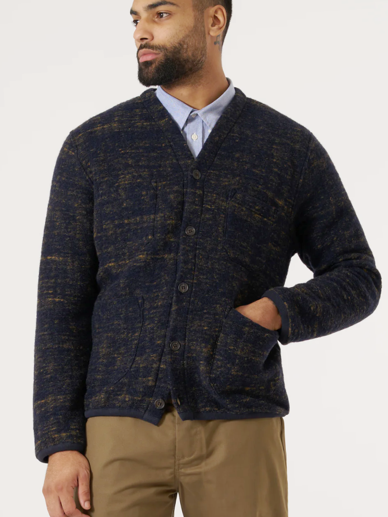 Universal Works Navy Marble Fleece Cardigan
