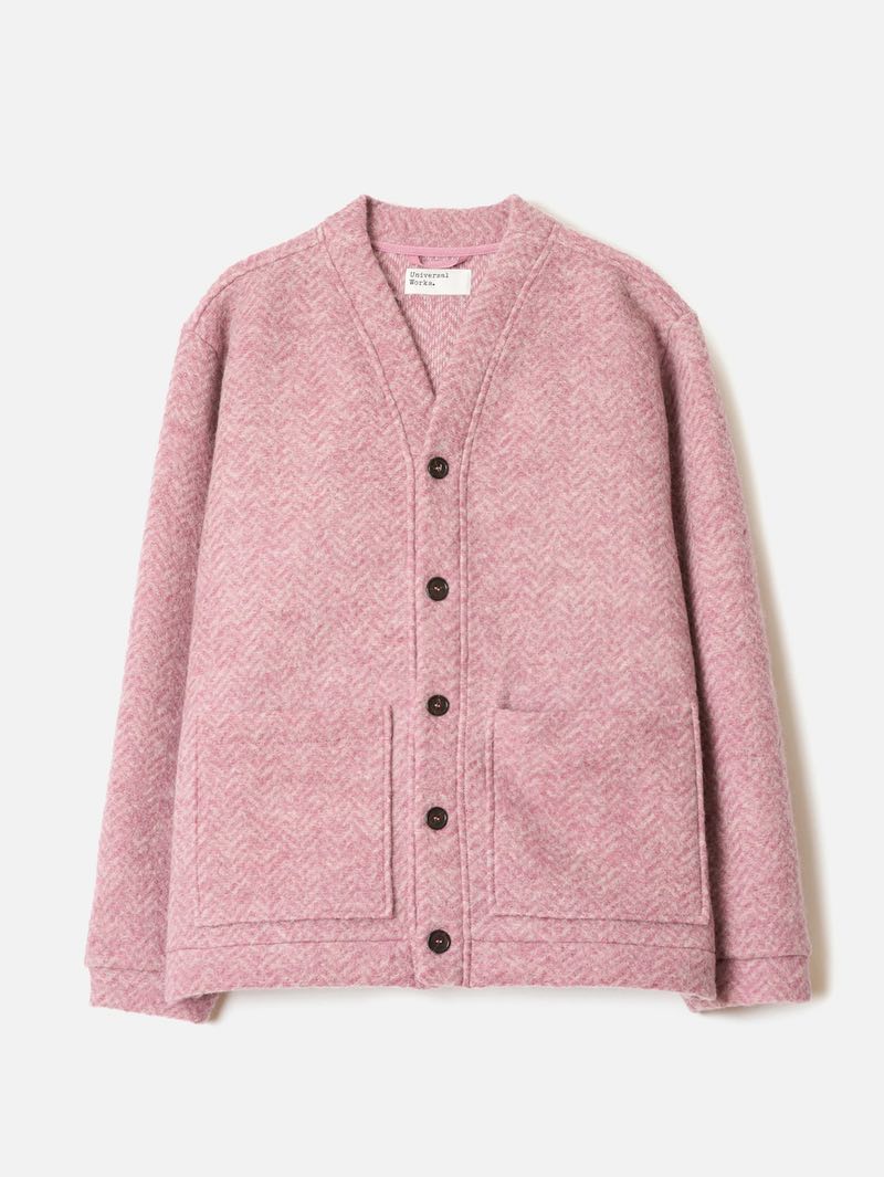 Universal Works Pink Advanced Cardigan Raven Fleece