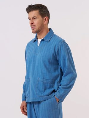 Universal Works Washed Indigo Recycled Herringbone Smock Overshirt
