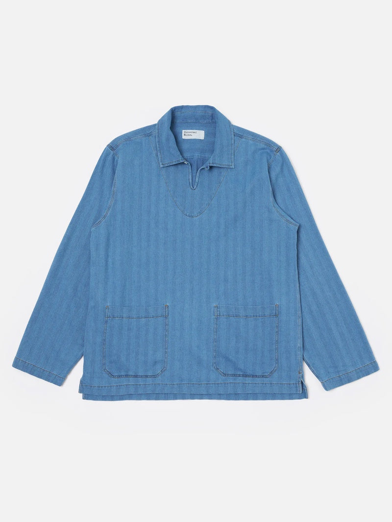 Universal Works Washed Indigo Recycled Herringbone Smock Overshirt