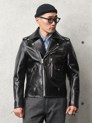 Y'2 Leather Black Vintage Horse Hide D-Pocket Double Rider Jacket