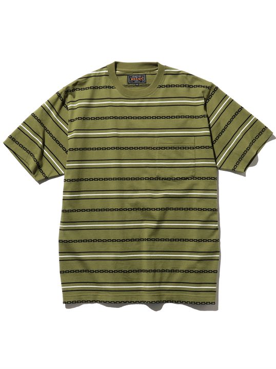 Beams Plus Olive Pocket Tee Jacquard Stripe