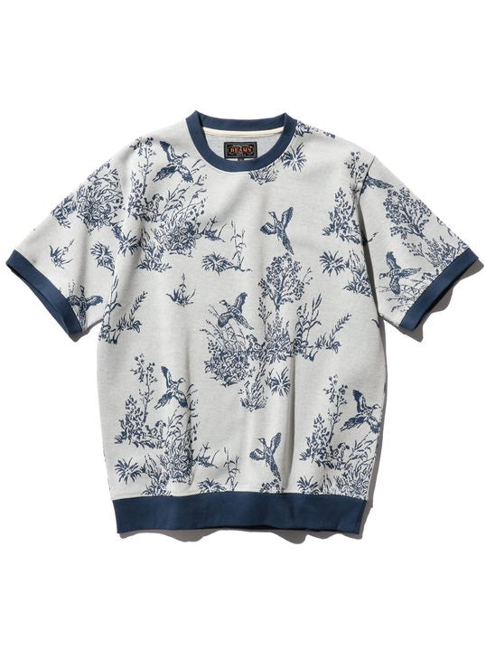 Beams Plus White Knit Tee Bird Jacquard