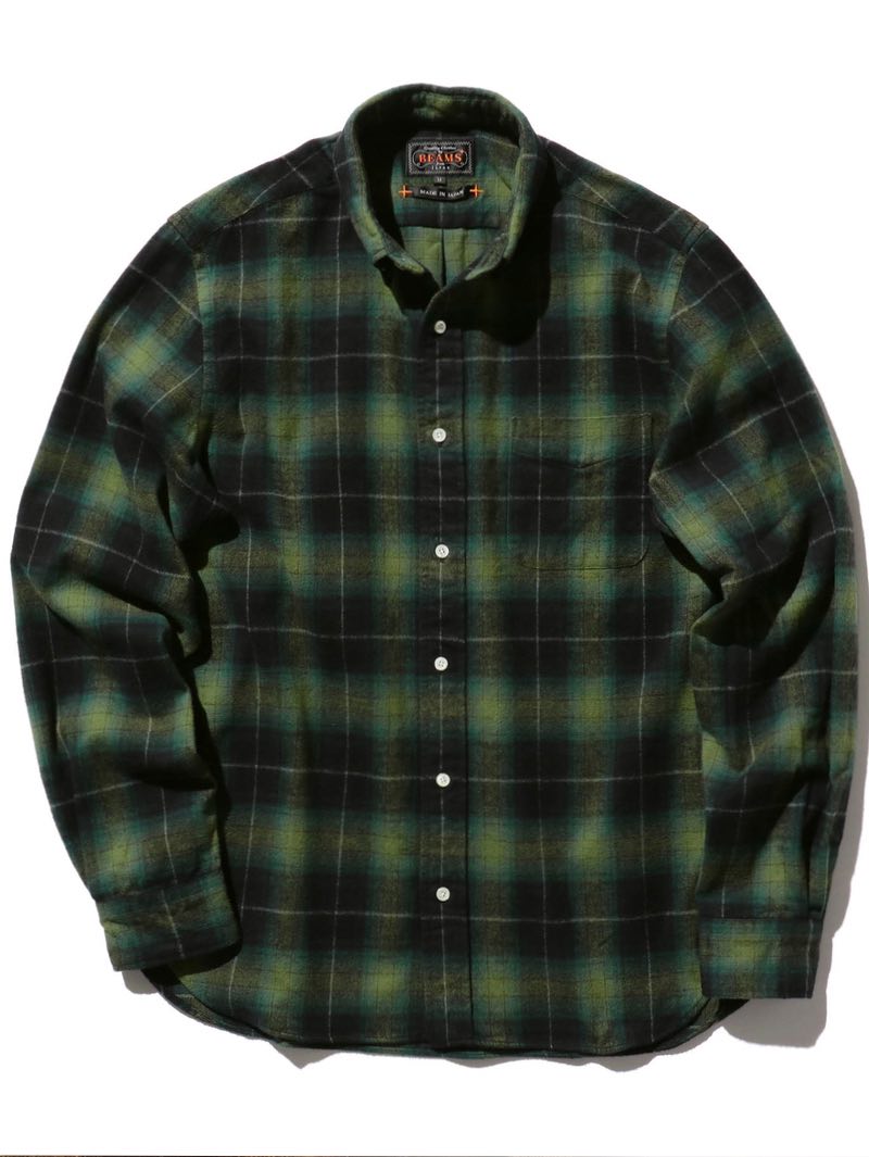 Beams Plus B.D. 30/2 Shaggy Check Shirt Green
