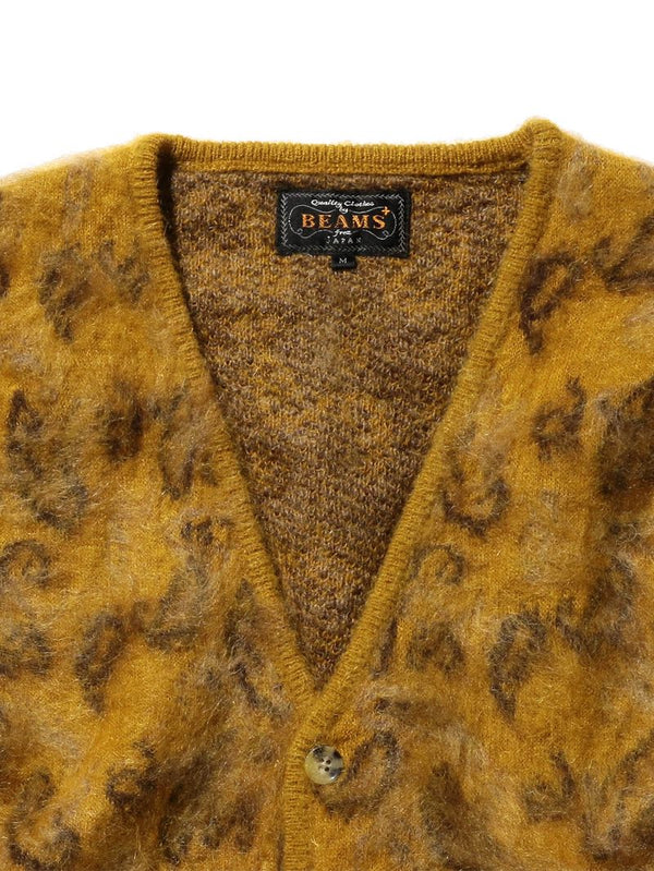 Beams Plus Cardigan Double Jacquard Paisley Pattern Mustard