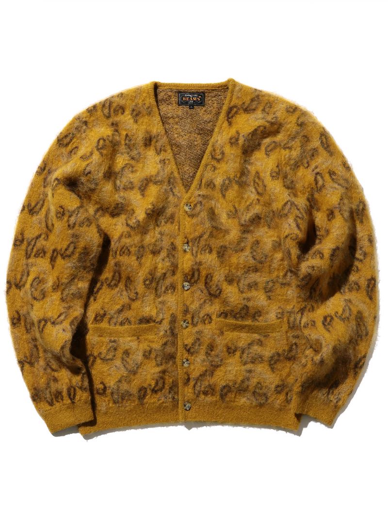 Beams Plus Cardigan Double Jacquard Paisley Pattern Mustard
