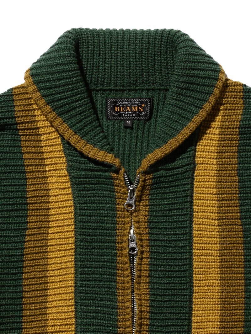 Beams Plus Full Zip Shaw Collar Knit Olive