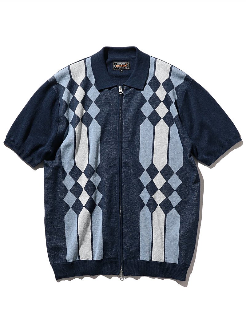 Beams Plus Navy Zip Knit Polo Stripe